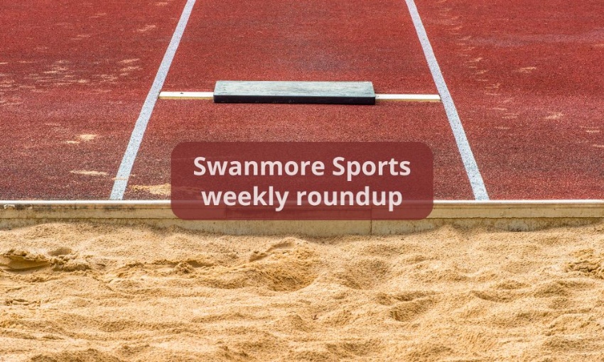 Image shows the end of a long jump runway, the take-off board and the edge of the sand pit.